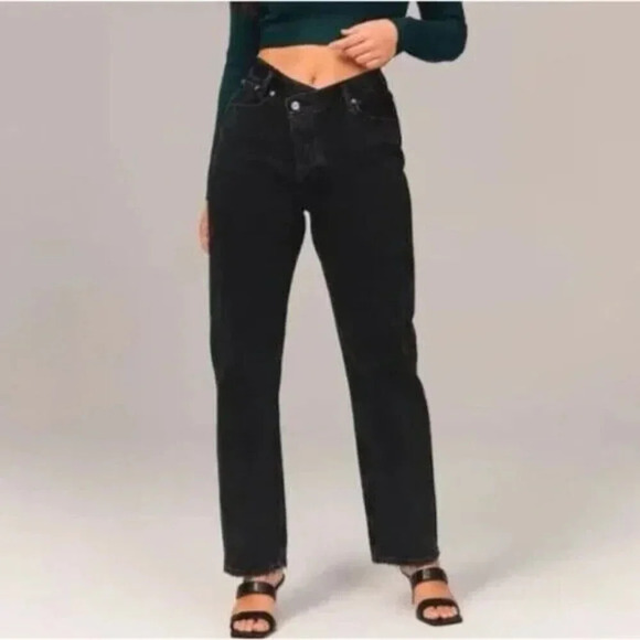 Abercrombie & Fitch Dad High Rise Jeans Size 0/25 Short Black Criss Cross Waist - Picture 1 of 10